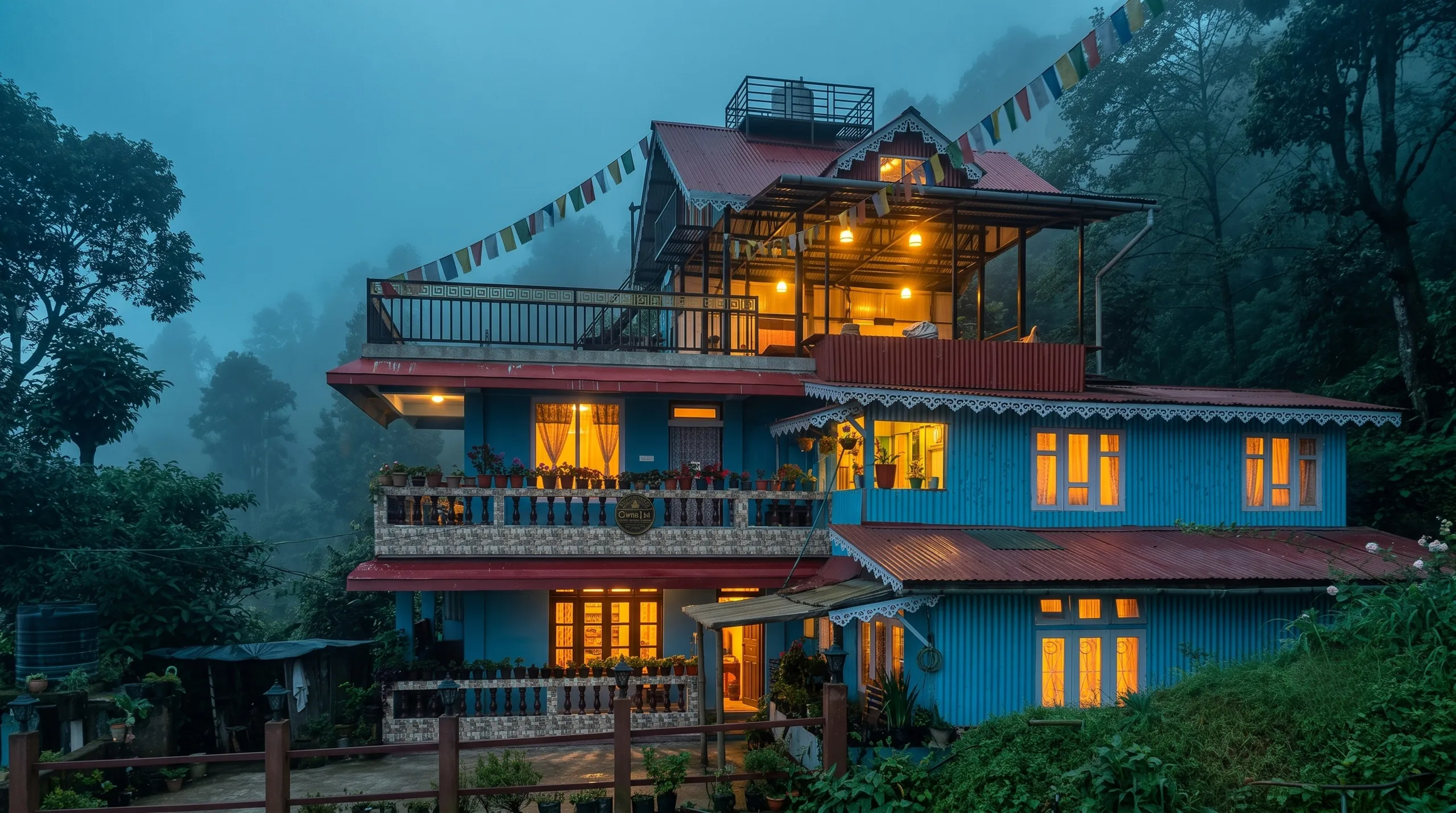 Zambala Dwelling Nest multi-story mountain homestay building in Darjeeling with warm lit windows at dusk